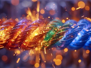 A close up of a colorful rope with sparks coming out. AI.