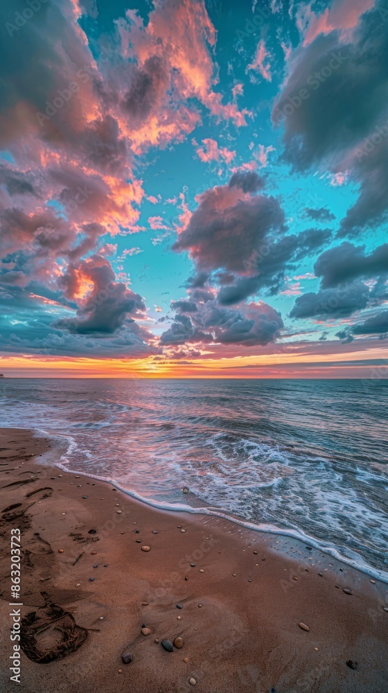 Poster A beach with a sunset and clouds in the sky. AI.