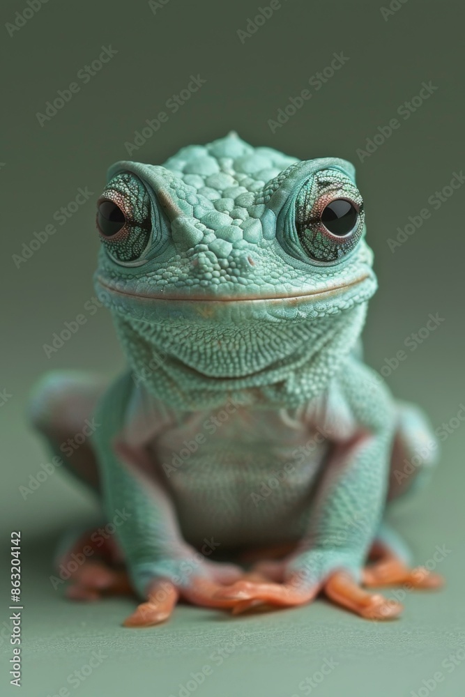 Poster a close up of a green frog sitting on the ground. ai.