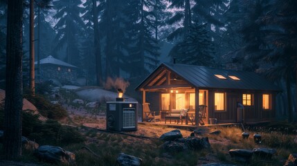 Gasoline Generator Providing Power to Remote Cabin in Snowy Forest Landscape at Dusk