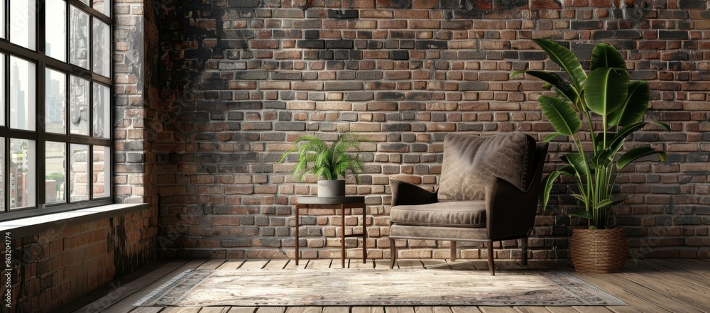 Canvas Prints A chair and a plant sit in front of an old brick wall. AI.