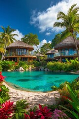 Fototapeta premium A tropical resort with a pool surrounded by lush vegetation. AI.