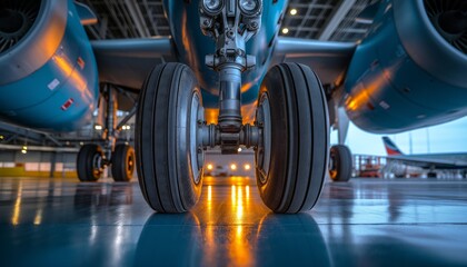 Fototapeta premium The close-up perspective of an airplane's wheels captured within an illuminated hangar creates a dramatic and technical representation of aviation engineering excellence.