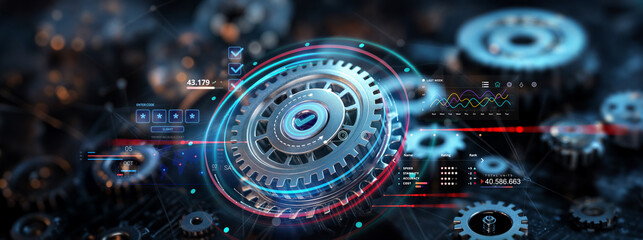 efficiency among mechanical cogwheels or gear system for business strategy and planning success and futuristic innovation in technology and technical process operations, also team work production