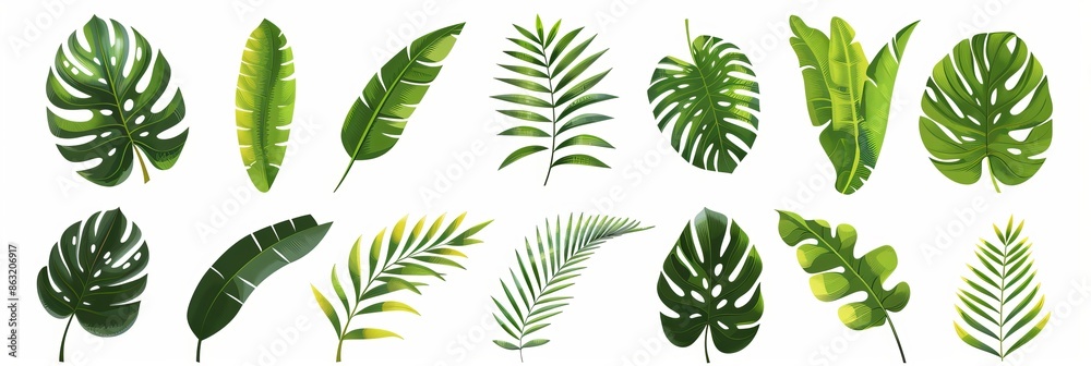 Wall mural Vector set of tropical leaves. Monstrousa, fern, banana, coconut, palm, and jungle leaves