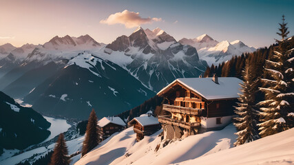 Fototapeta premium Idyllic winter mountain landscape in the Alps at sunset. Panoramic view of beautiful winter mountain landscape with snowcapped mountain cabin in the Alps in golden evening light at sunset.