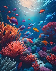 Fototapeta premium A vibrant coral reef scene, teeming with colorful fish and intricate coral formations, with the clarity and detail of the underwater world captured in stunning 8K resolution.