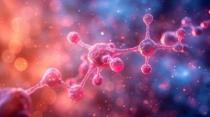 On a blue and red background, a molecular structure is rendered in 3D