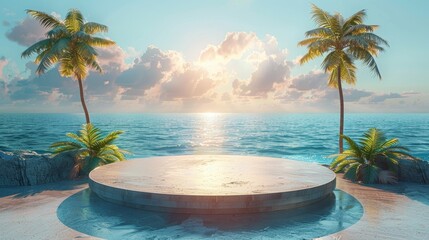 An image of a podium with palm trees on a beach in 3D