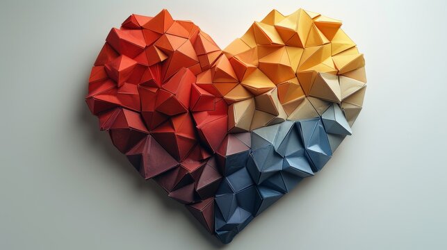 An abstract, rainbow-colored 3D heart on a white background.