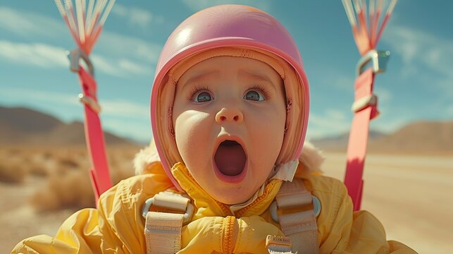 There is a baby sitting in a parachut harness, wearing a pink helmet and yellow jacket. The baby's mouth opens wide in surprise, and its eyes are wide open.