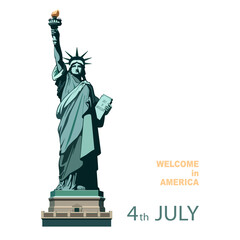 Vector illustration. July 4, USA Independence Day, Statue of Liberty monument, poster presentation. Green flat design template. Holiday, welcome to America USA. New York symbol, banner, advertisement
