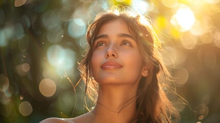 Fototapeta premium Featured is a beautiful woman enjoying the outdoors, with copy space on the side
