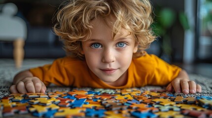 A boy solves a puzzle, speaks clearly, and has space for advertisements for cognitive development tools