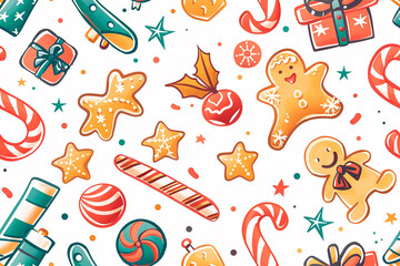 Fototapeta premium Christmas-themed elements such as gingerbread men, candy canes, stars, and gifts on a white background. The seamless pattern captures the festive holiday spirit.