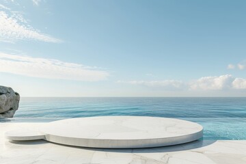 Obraz premium This is a 3D rendering of a marble podium perched at the edge of an ocean cliff.