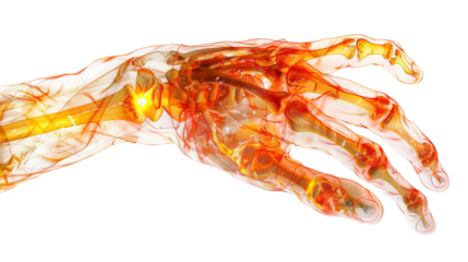 Anatomical representation of a hand with highlighted inflamed transparent background