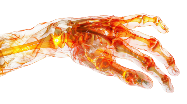 Anatomical representation of a hand with highlighted inflamed transparent background - Powered by Adobe