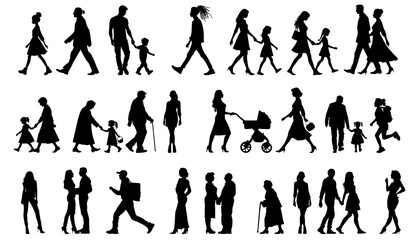 vector illustration. silhouettes of people walking along the street. Large set of characters of different ages.	
