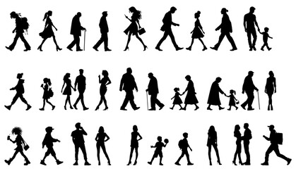 vector illustration. silhouettes of people walking along the street. Large set of characters of different ages.	
