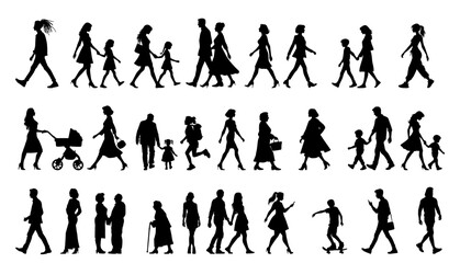 vector illustration. silhouettes of people walking along the street. Large set of characters of different ages.	
