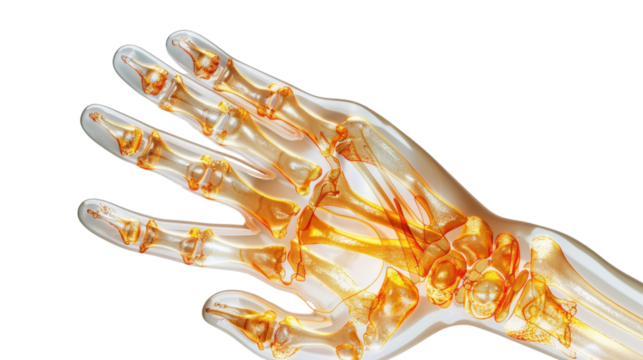 Anatomical representation of a hand with highlighted inflamed transparent background - Powered by Adobe