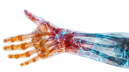 Anatomical representation of a hand with highlighted inflamed transparent background