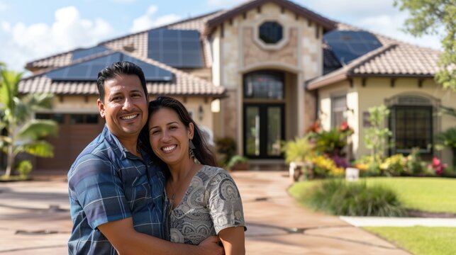 Happy Couple Posing In Front Of Their New Home With Solar Panels. Generative AI