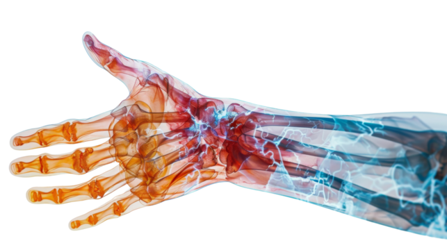 Anatomical representation of a hand with highlighted inflamed transparent background