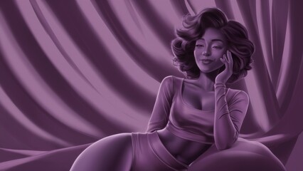 Obraz premium A woman in purple dress sitting on a couch talking to someone, AI