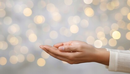 Open Hand Gesture on Sparkling Bokeh Background - Symbol of Giving, Care, and Generosity, copy space