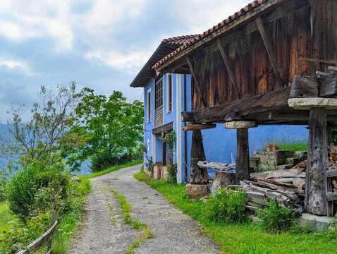 Horreo, typical hut and house at El Moru village, Pilo&ntilde;a municipality, Asturias, Spain