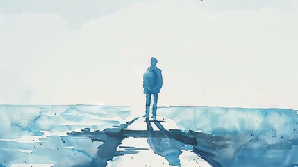 Lonely journey on a blue horizon. Watercolor painting of a lone figure walking towards a vast blue horizon, evoking themes of solitude and adventure.