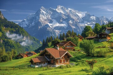 Obraz premium A picturesque Swiss village nestled in the mountains, with chalets, snow-covered peaks, and green meadows.