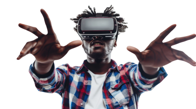 Black man wearing virtual glasses on transparent background