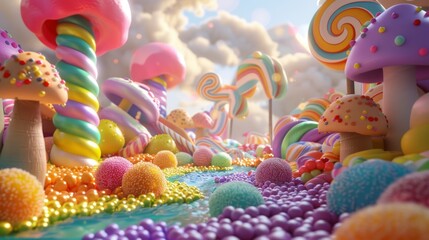 Create a realistic 3D rendering of a magical candy land.