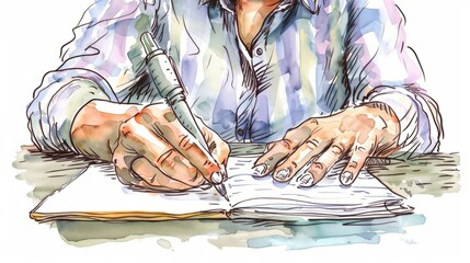 Watercolor painting of hands writing in notebook. Artistic watercolor illustration of a person writing in a notebook, perfect for creative and educational themes.