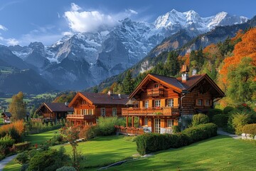 A picturesque Swiss village nestled in the mountains, with chalets, snow-covered peaks, and green meadows.