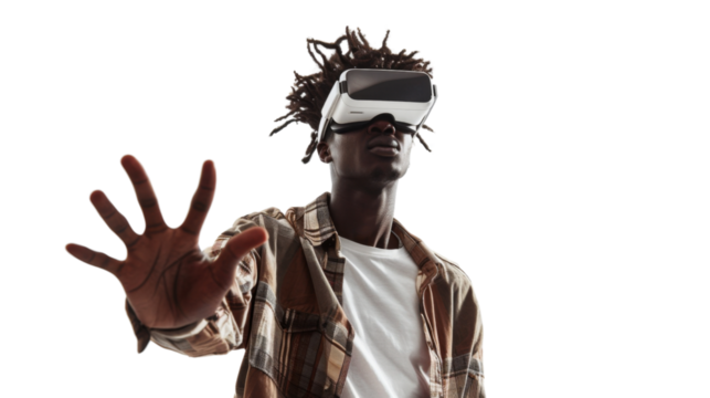 Black man wearing virtual glasses on transparent background