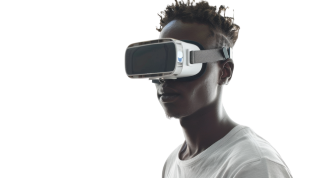Black man wearing virtual glasses on transparent background