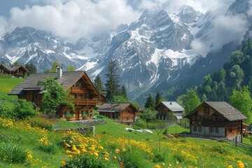Obraz premium A picturesque Swiss village nestled in the mountains, with chalets, snow-covered peaks, and green meadows.