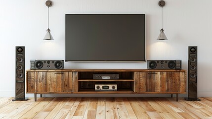 A contemporary family room with a state-of-the-art home entertainment system, including a TV mounted on the wall, an audio system and a wooden stand