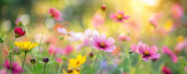 A bunch of pink flowers with green leaves. The flowers are in full bloom and are very pretty. Free copy space for banner.