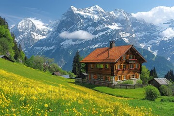 Fototapeta premium A picturesque Swiss village nestled in the mountains, with chalets, snow-covered peaks, and green meadows.