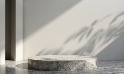 This is a 3D rendering of a gray podium with four steps and a gray background