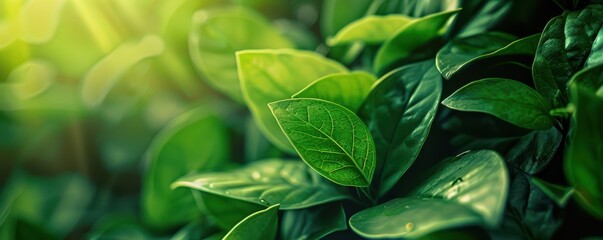 Obraz premium A lush green plant with leaves that are wet. Free copy space for banner.