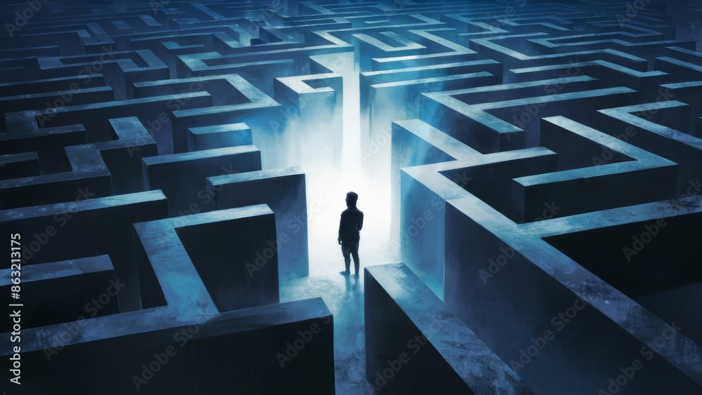 Sticker A man standing in a maze with light shining out of it, AI