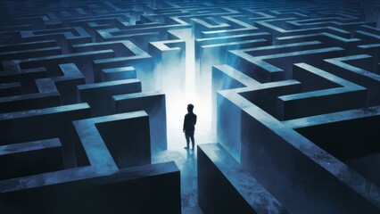 A man standing in a maze with light shining out of it, AI