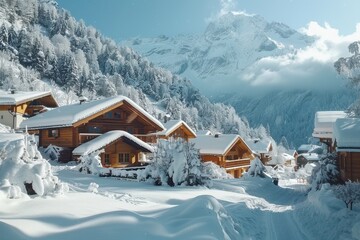 A picturesque Swiss village nestled in the mountains, with chalets, snow-covered peaks, and green meadows.