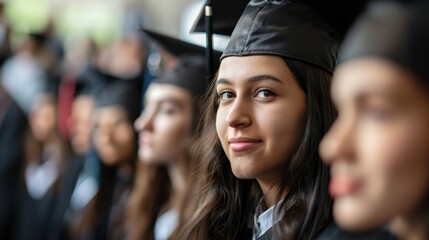 Fototapeta premium Standing proudly with fellow graduates, a young female graduate